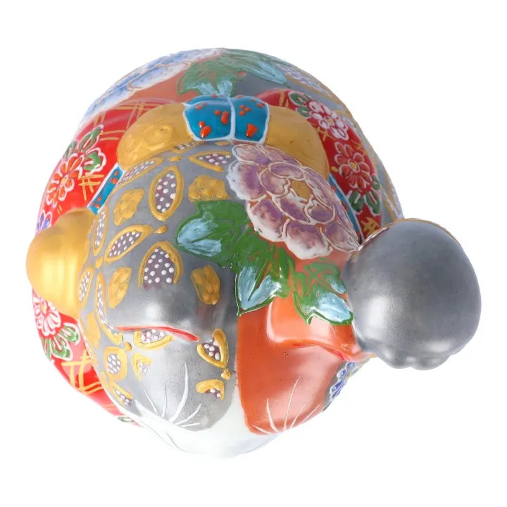 JAPAN KUTANI  LUCKY CAT( MANEKI-NEKO) SILVER VERMILION FLORAL PROSPERITY (WITH CUSHION)