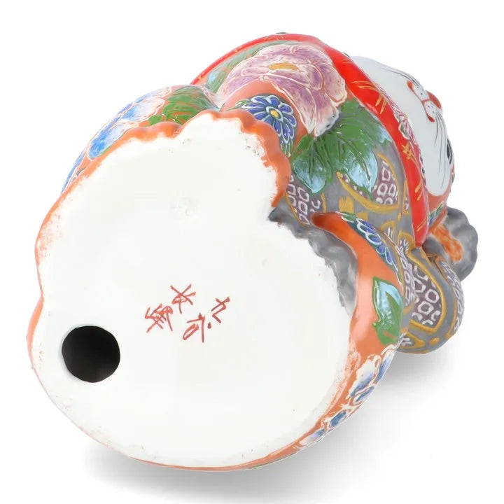 JAPAN KUTANI  LUCKY CAT( MANEKI-NEKO) SILVER VERMILION FLORAL PROSPERITY (WITH CUSHION)