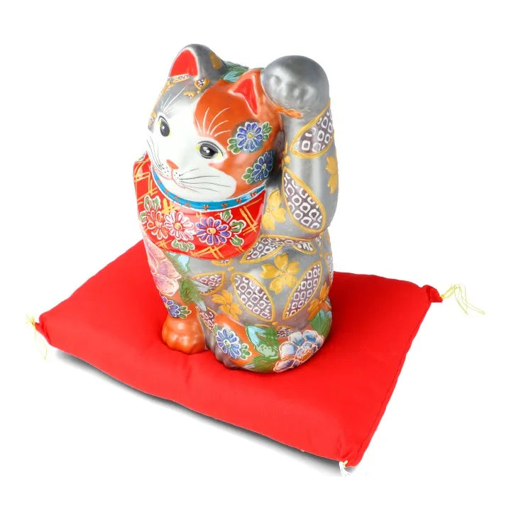 JAPAN KUTANI  LUCKY CAT( MANEKI-NEKO) SILVER VERMILION FLORAL PROSPERITY (WITH CUSHION)