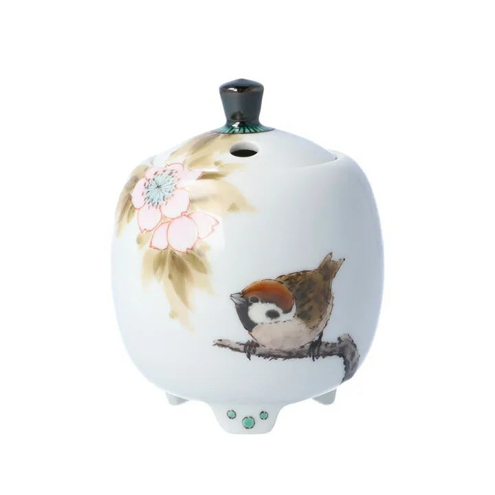 KUTANI WARE MINI INCENSE BURNER “SPARROWS AND CHERRY BLOSSOMS” BY TOSHITO NAKAMURA (WOODEN BOX INCLUDED)