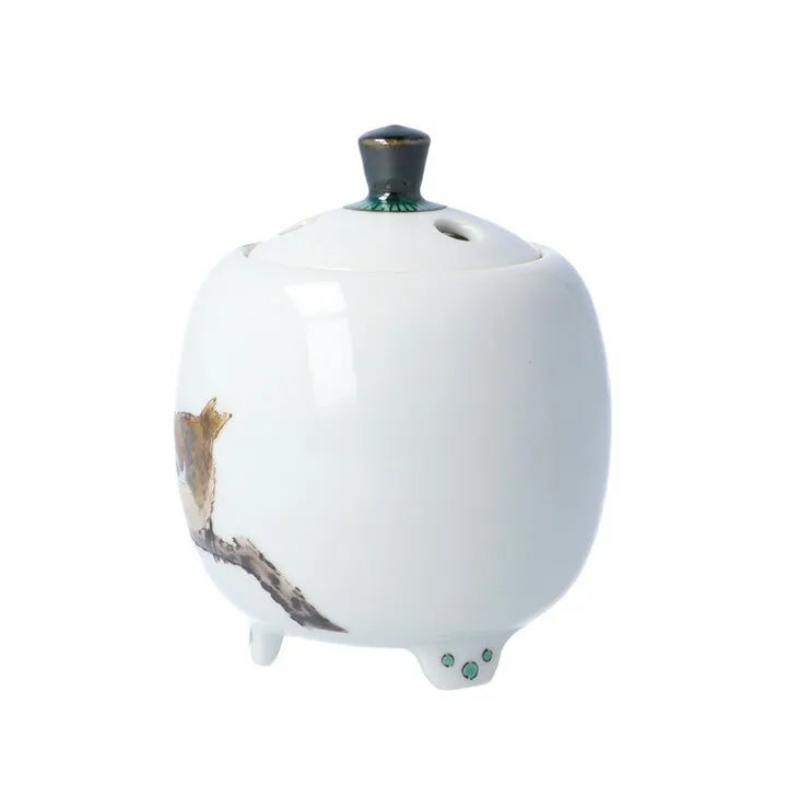 KUTANI WARE MINI INCENSE BURNER “SPARROWS AND CHERRY BLOSSOMS” BY TOSHITO NAKAMURA (WOODEN BOX INCLUDED)