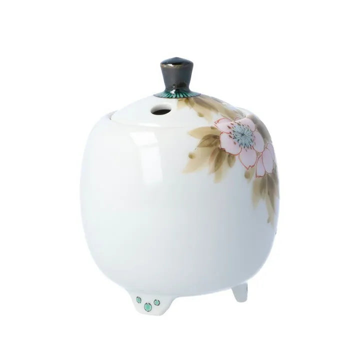 KUTANI WARE MINI INCENSE BURNER “SPARROWS AND CHERRY BLOSSOMS” BY TOSHITO NAKAMURA (WOODEN BOX INCLUDED)