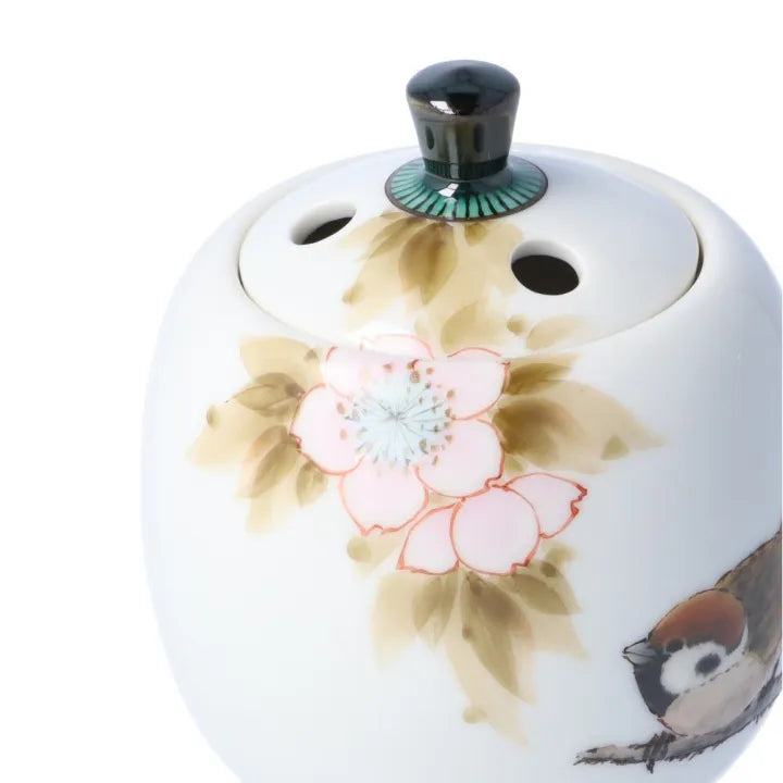 KUTANI WARE MINI INCENSE BURNER “SPARROWS AND CHERRY BLOSSOMS” BY TOSHITO NAKAMURA (WOODEN BOX INCLUDED)