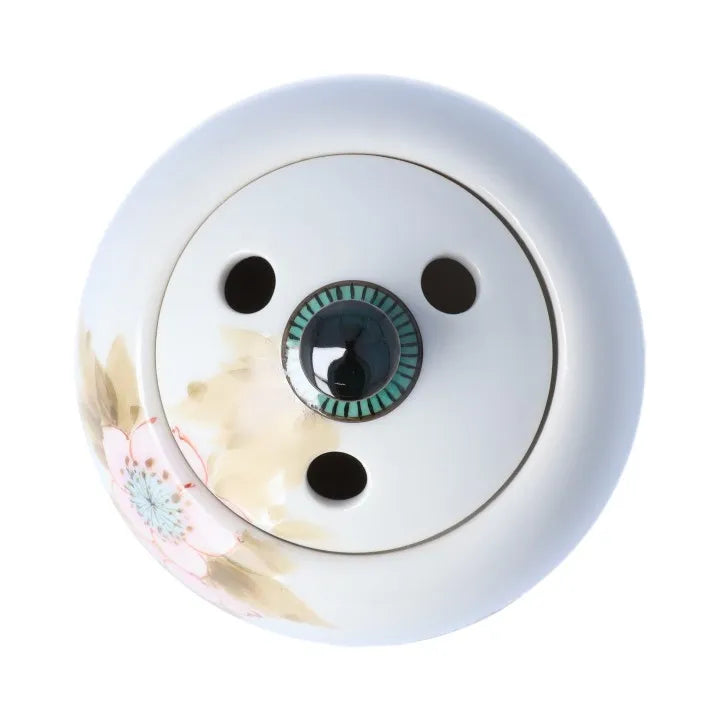 KUTANI WARE MINI INCENSE BURNER “SPARROWS AND CHERRY BLOSSOMS” BY TOSHITO NAKAMURA (WOODEN BOX INCLUDED)