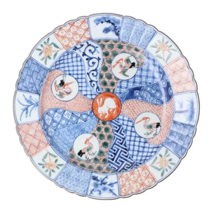 KUTANI WARE SERVING PLATE – IROE MARUMON SHONZUI STYLE / CHOZA YAMAMOTO (WOODEN BOX INCLUDED)