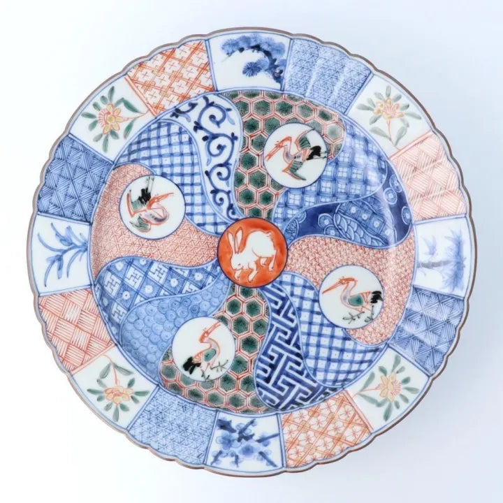 KUTANI WARE SERVING PLATE – IROE MARUMON SHONZUI STYLE / CHOZA YAMAMOTO (WOODEN BOX INCLUDED)