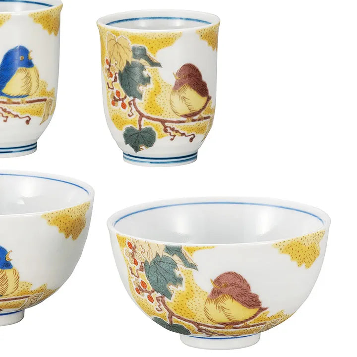 KUTANI WARE PAIR RICE BOWL SET YOSHIDAYA-STYLE SPARROWS