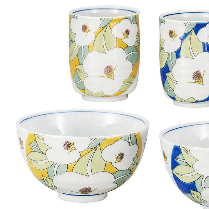 JAPANESE PAIR RICE BOWL SET KUTANI COLOR-GLAZED CAMELLIA