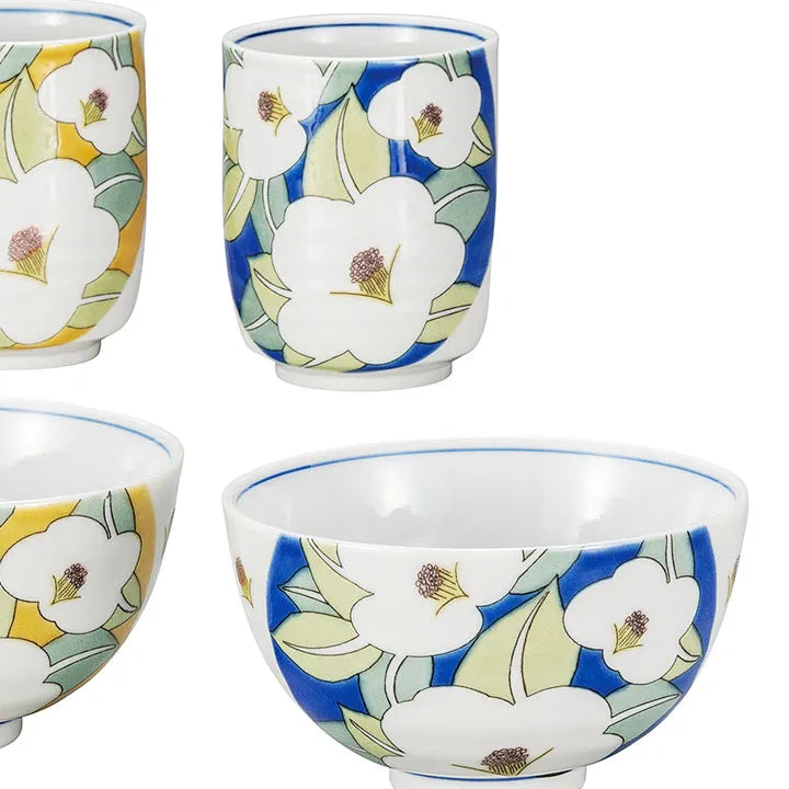 JAPANESE PAIR RICE BOWL SET KUTANI COLOR-GLAZED CAMELLIA