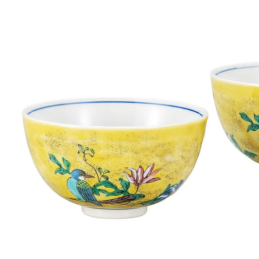 KUTANI WARE PAIR RICE BOWLS WITH YOSHIDAYA FLORAL & BIRD DESIGN