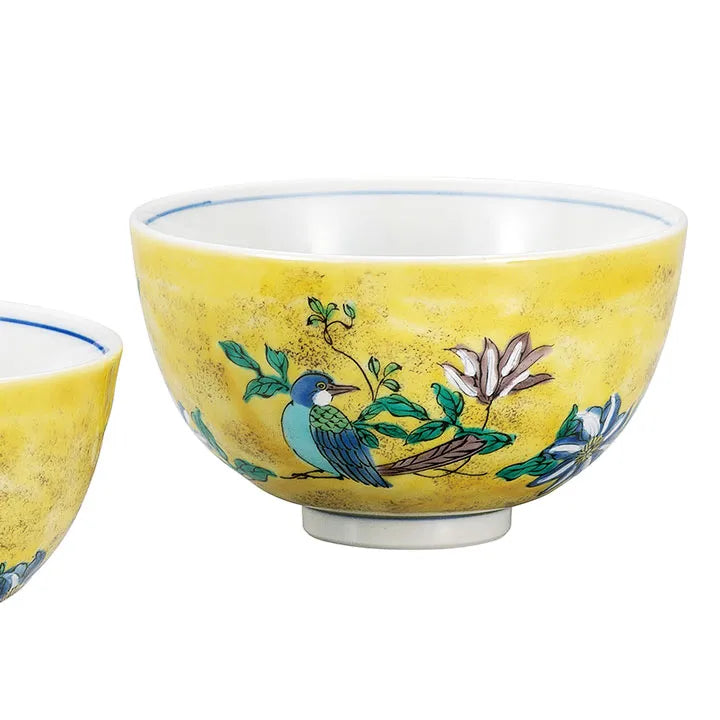 KUTANI WARE PAIR RICE BOWLS WITH YOSHIDAYA FLORAL & BIRD DESIGN