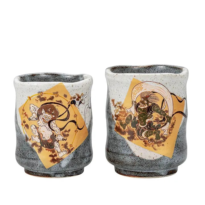 JAPANESE KUTANI PORCELAIN YUNOMI TEA CUP SET – FUJIN AND RAIJIN