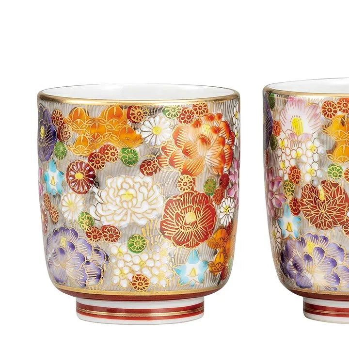KUTANI WARE PAIR YUNOMI TEA CUPS – GOLD HANA-ZUME DESIGN (GIFT BOXED)