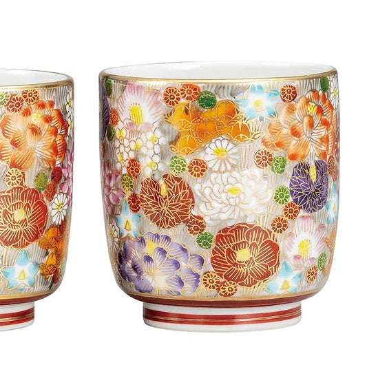 KUTANI WARE PAIR YUNOMI TEA CUPS – GOLD HANA-ZUME DESIGN (GIFT BOXED)