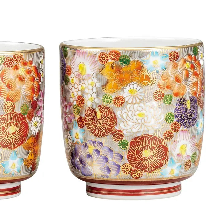 KUTANI WARE PAIR YUNOMI TEA CUPS – GOLD HANA-ZUME DESIGN (GIFT BOXED)