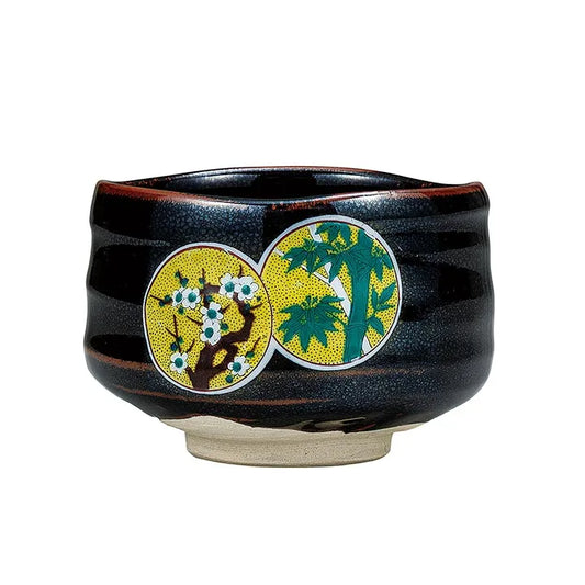 KUTANI WARE MATCHA BOWL – HANDCRAFTED JAPANESE TEA CEREMONY CHAWAN ‘PINE, BAMBOO & PLUM