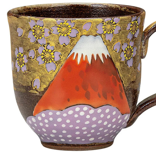 KUTANI WARE MUG “KINUN SAKURA & MOUNT FUJI” HAND-PAINTED BY YOSHINORI FUKUDA | GOLD-DECORATED JAPANESE PORCELAIN | GIFT BOX INCLUDED