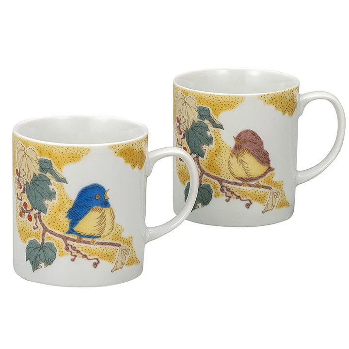 KUTANI WARE PAIR MUG CUPS – JAPANESE PORCELAIN MUGS WITH YOSHIDAYA SPARROW DESIGN, HAND-PAINTED TRADITIONAL KUTANI