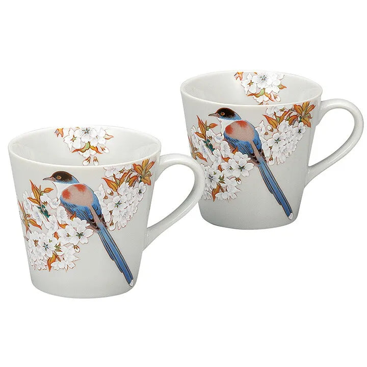 KUTANI WARE PORCELAIN PAIR MUGS – MOUNTAIN CHERRY BLOSSOMS AND BIRD MOTIF