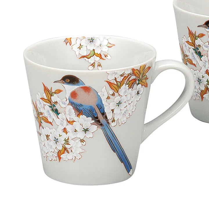 KUTANI WARE PORCELAIN PAIR MUGS – MOUNTAIN CHERRY BLOSSOMS AND BIRD MOTIF