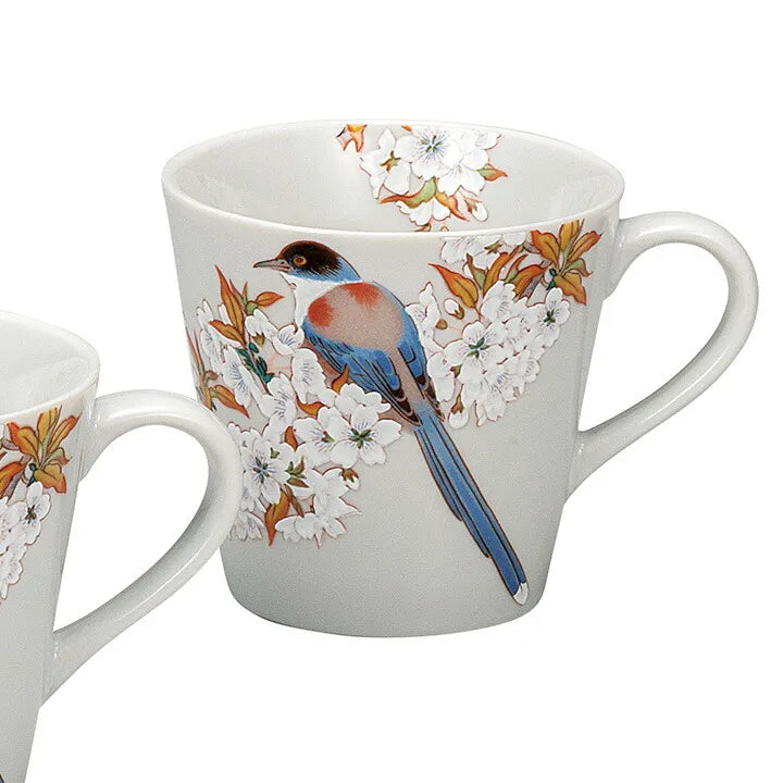 KUTANI WARE PORCELAIN PAIR MUGS – MOUNTAIN CHERRY BLOSSOMS AND BIRD MOTIF