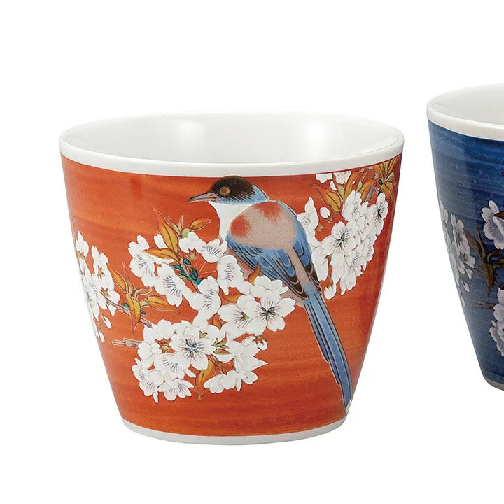 JAPANESE KUTANI PORCELAIN SHOCHU CUP SET (PAIR) – BIRD AND WILD CHERRY BLOSSOMS