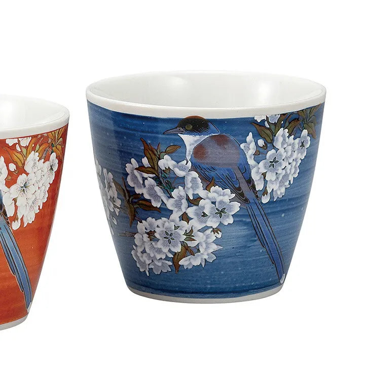 JAPANESE KUTANI PORCELAIN SHOCHU CUP SET (PAIR) – BIRD AND WILD CHERRY BLOSSOMS