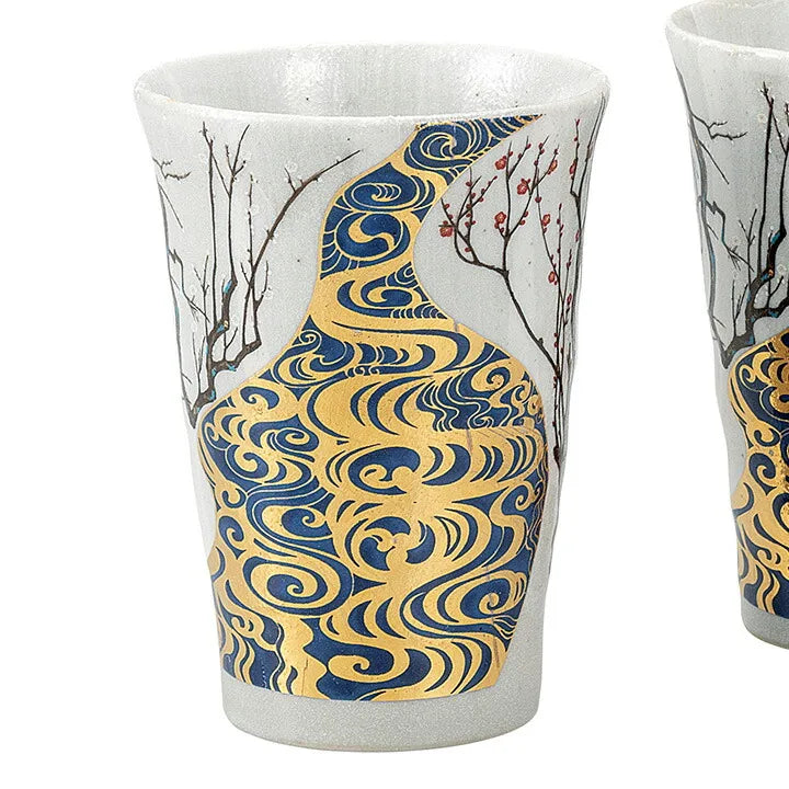 KUTANI WARE PAIR OF FREE CUPS KŌRIN PLUM BLOSSOMS