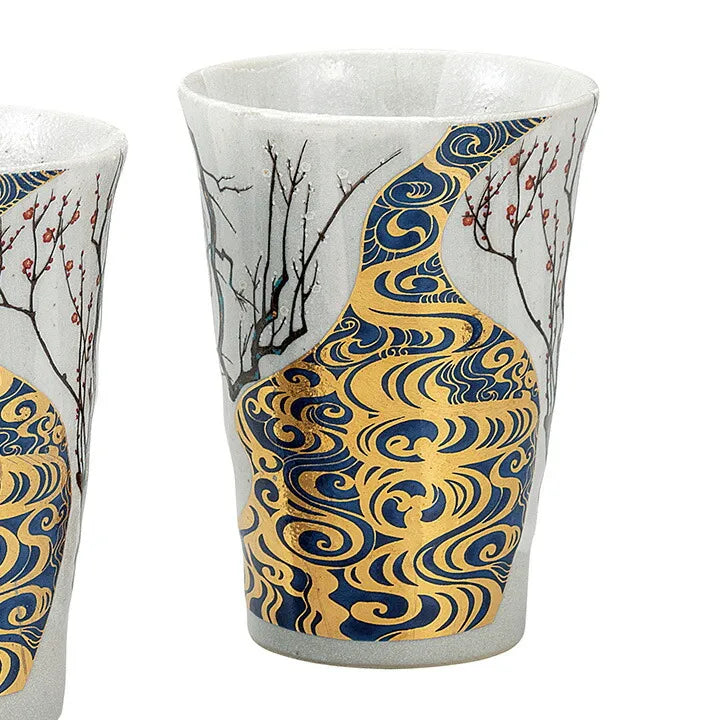 KUTANI WARE PAIR OF FREE CUPS KŌRIN PLUM BLOSSOMS