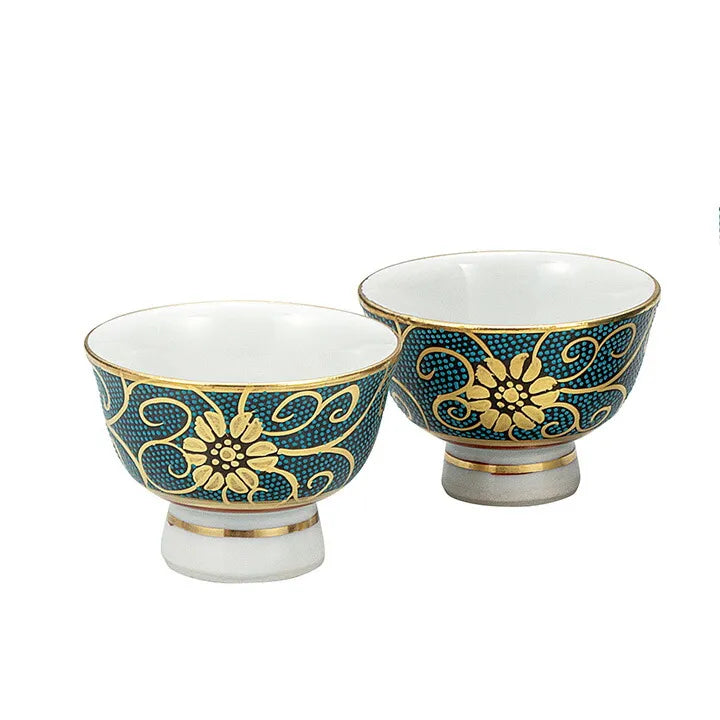 KUTANI WARE SAKE SET – AOCHIBU KARAKUSA BLUE ENAMEL ARABESQUE (GIFT BOX INCLUDED)