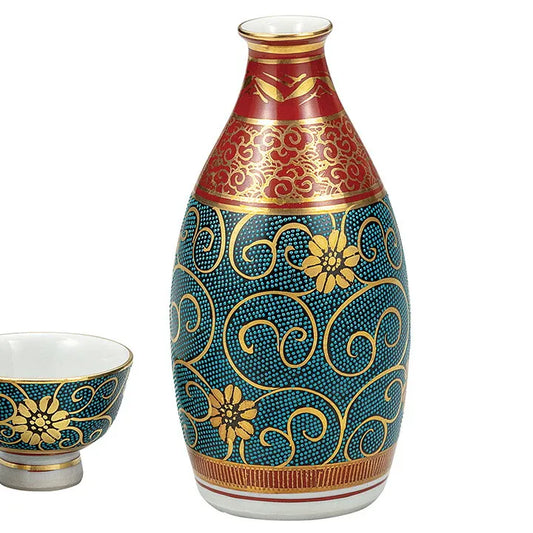 KUTANI WARE SAKE SET – AOCHIBU KARAKUSA BLUE ENAMEL ARABESQUE (GIFT BOX INCLUDED)