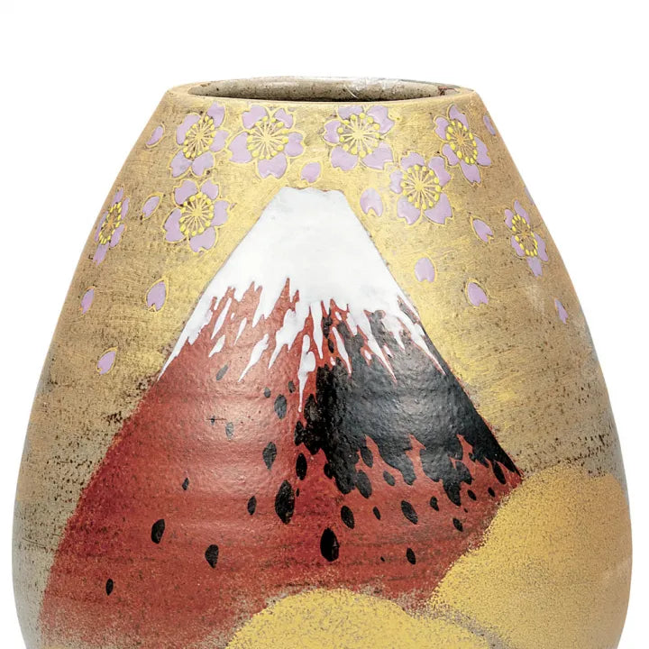 KUTANI WARE VASE – “GOLDEN CLOUDS AND CHERRY BLOSSOMS WITH MT. FUJI” BY YOSHINORI FUKUDA