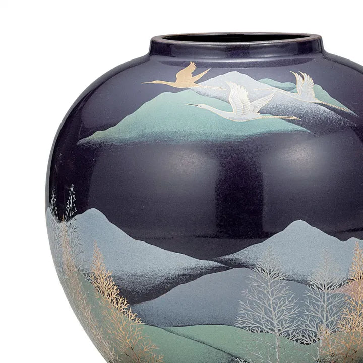 CRANES IN MOUNTAIN GROVE (WITH STAND) KUTANI JAPANESE FLOWER VASE