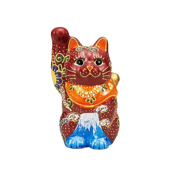 KUTANI WARE MANEKI NEKO – JAPANESE LUCKY CAT FIGURINE WITH MT. FUJI DESIGN, HAND-PAINTED PORCELAIN FROM JAPAN