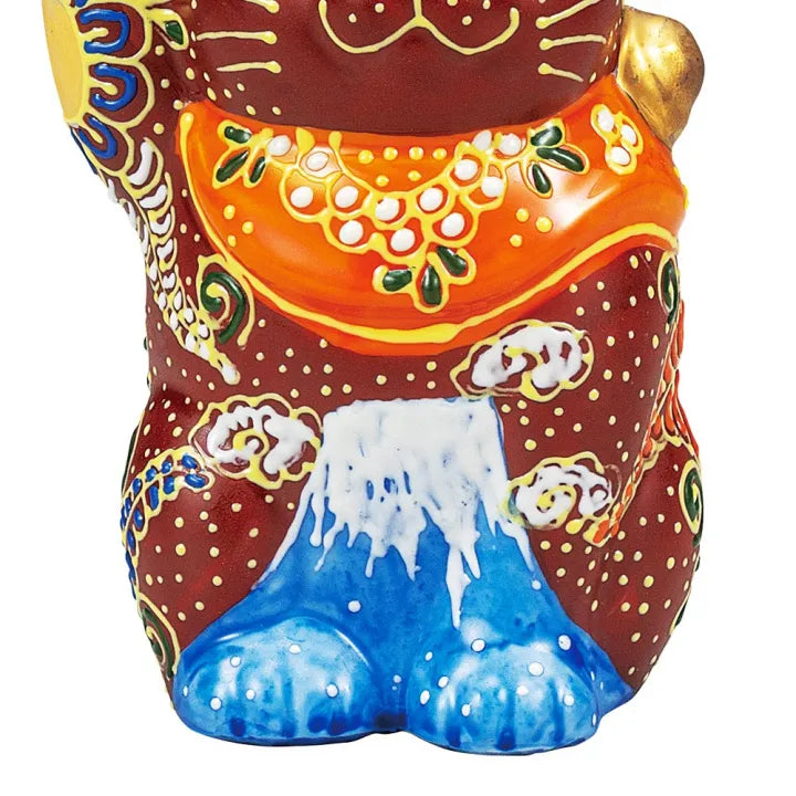 KUTANI WARE MANEKI NEKO – JAPANESE LUCKY CAT FIGURINE WITH MT. FUJI DESIGN, HAND-PAINTED PORCELAIN FROM JAPAN