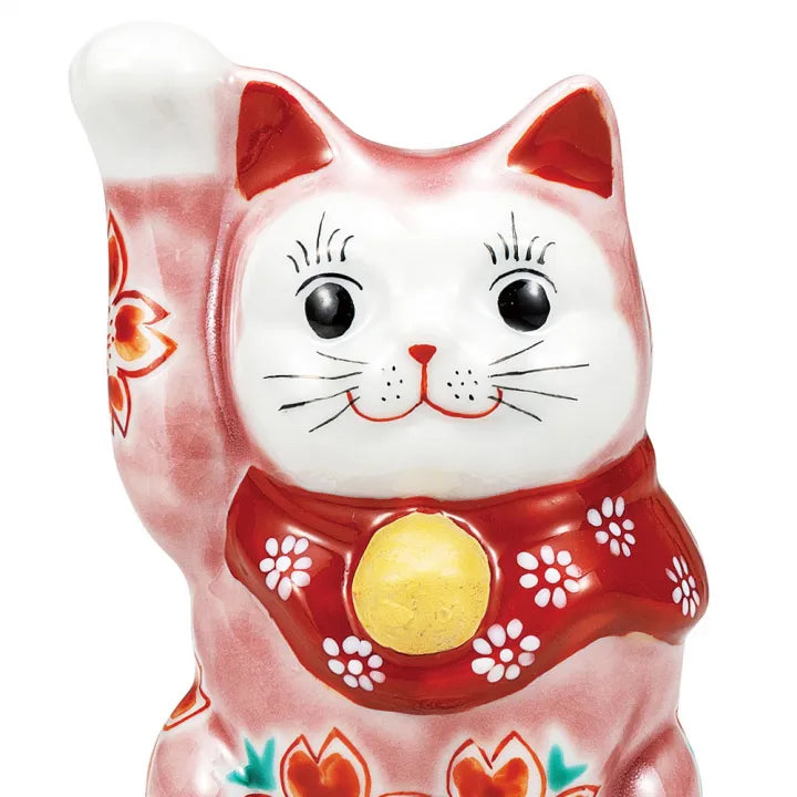 KUTANI WARE MANEKI NEKO – JAPANESE LUCKY CAT FIGURINE IN PINK GLAZE WITH SAKURA (CHERRY BLOSSOM) MOTIF, HAND-PAINTED PORCELAIN