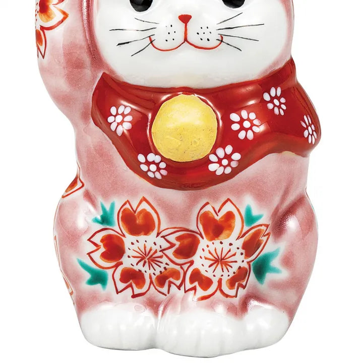 KUTANI WARE MANEKI NEKO – JAPANESE LUCKY CAT FIGURINE IN PINK GLAZE WITH SAKURA (CHERRY BLOSSOM) MOTIF, HAND-PAINTED PORCELAIN