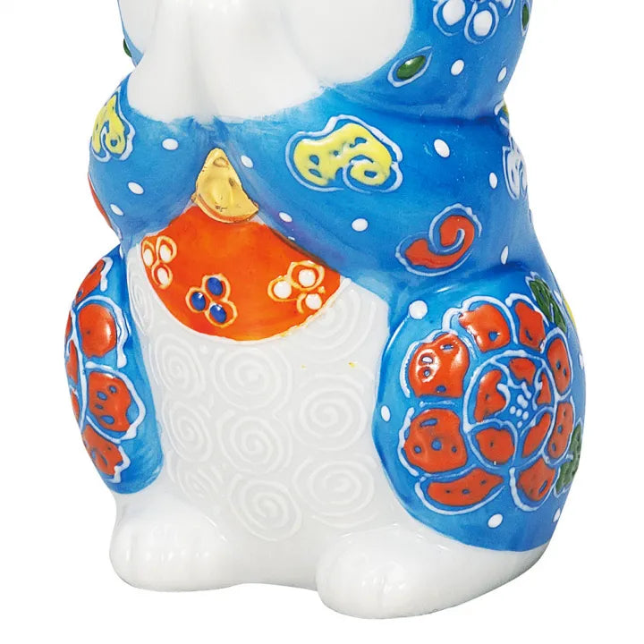 KUTANI WARE PRAYING CAT – AO-MORI (BLUE RAISED DECORATION)
