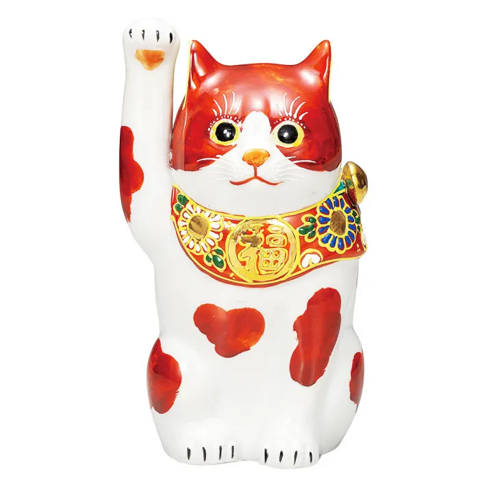 KUTANI WARE LUCKY CAT ‘AKA-BUCHI’ – HAND-PAINTED MANEKI NEKO (RED SPOTS)