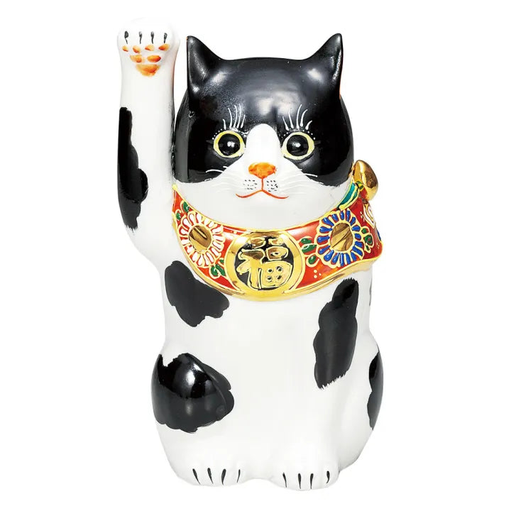 KUTANI WARE LUCKY CAT ‘KURO-BUCHI’ – HAND-PAINTED MANEKI NEKO (BLACK SPOTS)