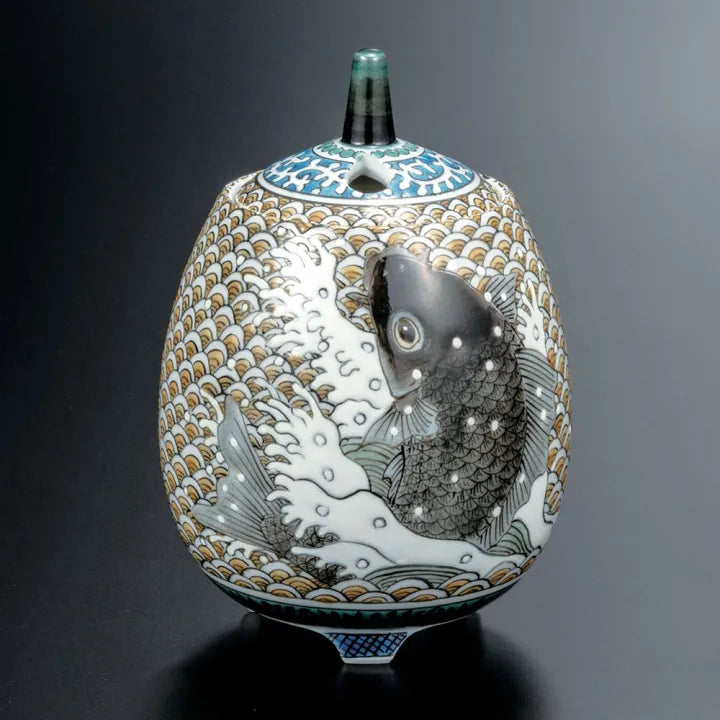 KUTANI WARE INCENSE BURNER – NOBORI KOI (CARP CLIMBING THE WATERFALL) BY YOSHINORI FUKUDA
