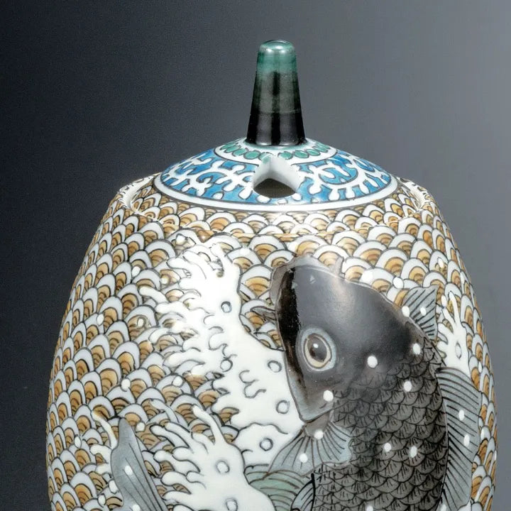 KUTANI WARE INCENSE BURNER – NOBORI KOI (CARP CLIMBING THE WATERFALL) BY YOSHINORI FUKUDA