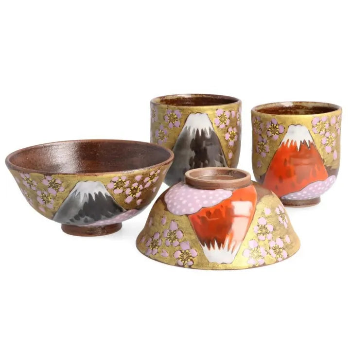 KUTANI WARE “GOLDEN CLOUD & SAKURA MT. FUJI” COUPLE SET BY YOSHINORI FUKUDA – JAPANESE CERAMIC GIFT BOXED