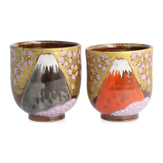 KUTANI WARE “GOLDEN CLOUD & SAKURA MT. FUJI” COUPLE SET BY YOSHINORI FUKUDA – JAPANESE CERAMIC GIFT BOXED