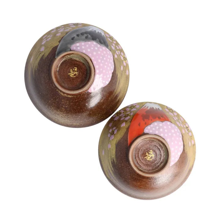 KUTANI WARE “GOLDEN CLOUD & SAKURA MT. FUJI” COUPLE SET BY YOSHINORI FUKUDA – JAPANESE CERAMIC GIFT BOXED