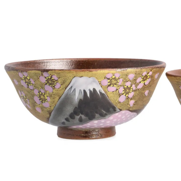 KUTANI WARE “GOLDEN CLOUD & SAKURA MT. FUJI” COUPLE SET BY YOSHINORI FUKUDA – JAPANESE CERAMIC GIFT BOXED