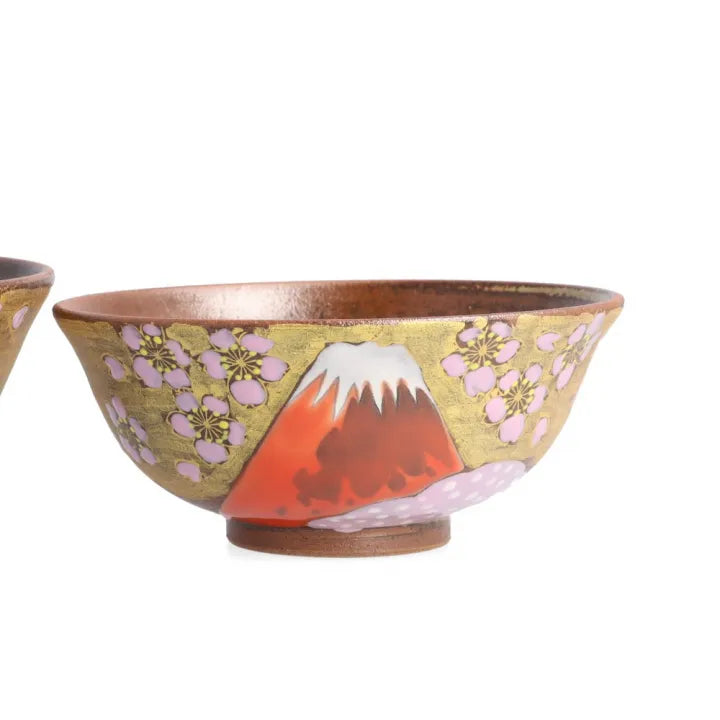 KUTANI WARE “GOLDEN CLOUD & SAKURA MT. FUJI” COUPLE SET BY YOSHINORI FUKUDA – JAPANESE CERAMIC GIFT BOXED