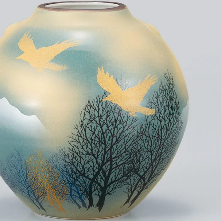 JAPANESE KUTANI WARE VASE – BIRDS OVER WOODED MOUNTAINS