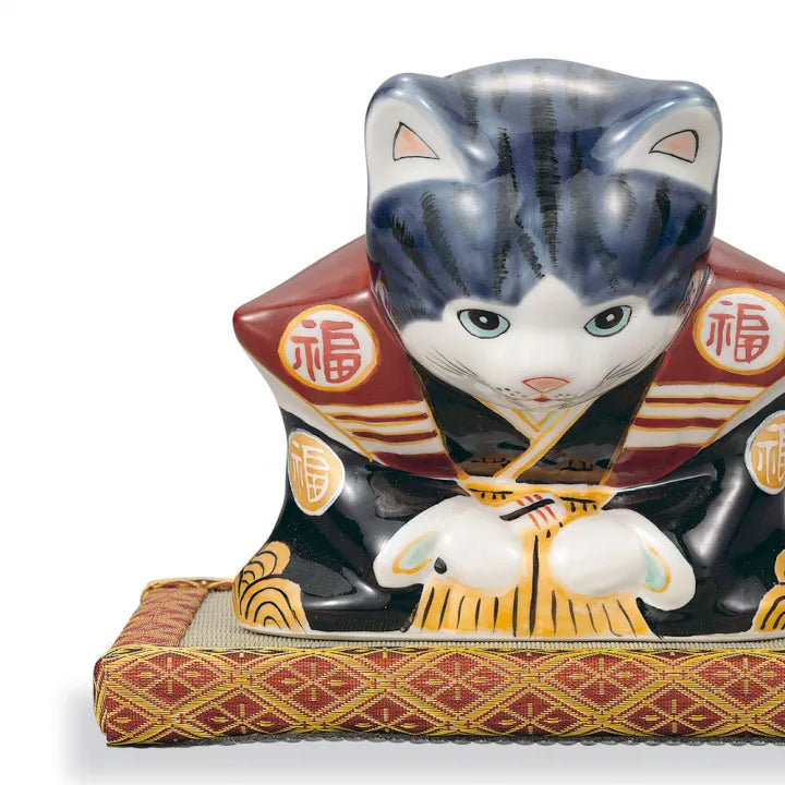 KUTANI WARE FUKUSUKE BOWING CAT – PURPLE GLAZED LUCKY CAT