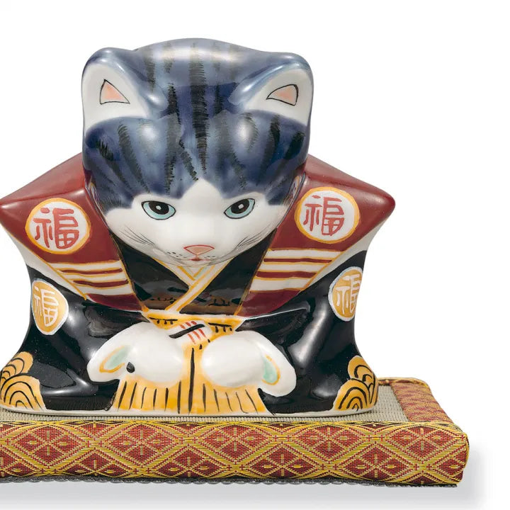 KUTANI WARE FUKUSUKE BOWING CAT – PURPLE GLAZED LUCKY CAT